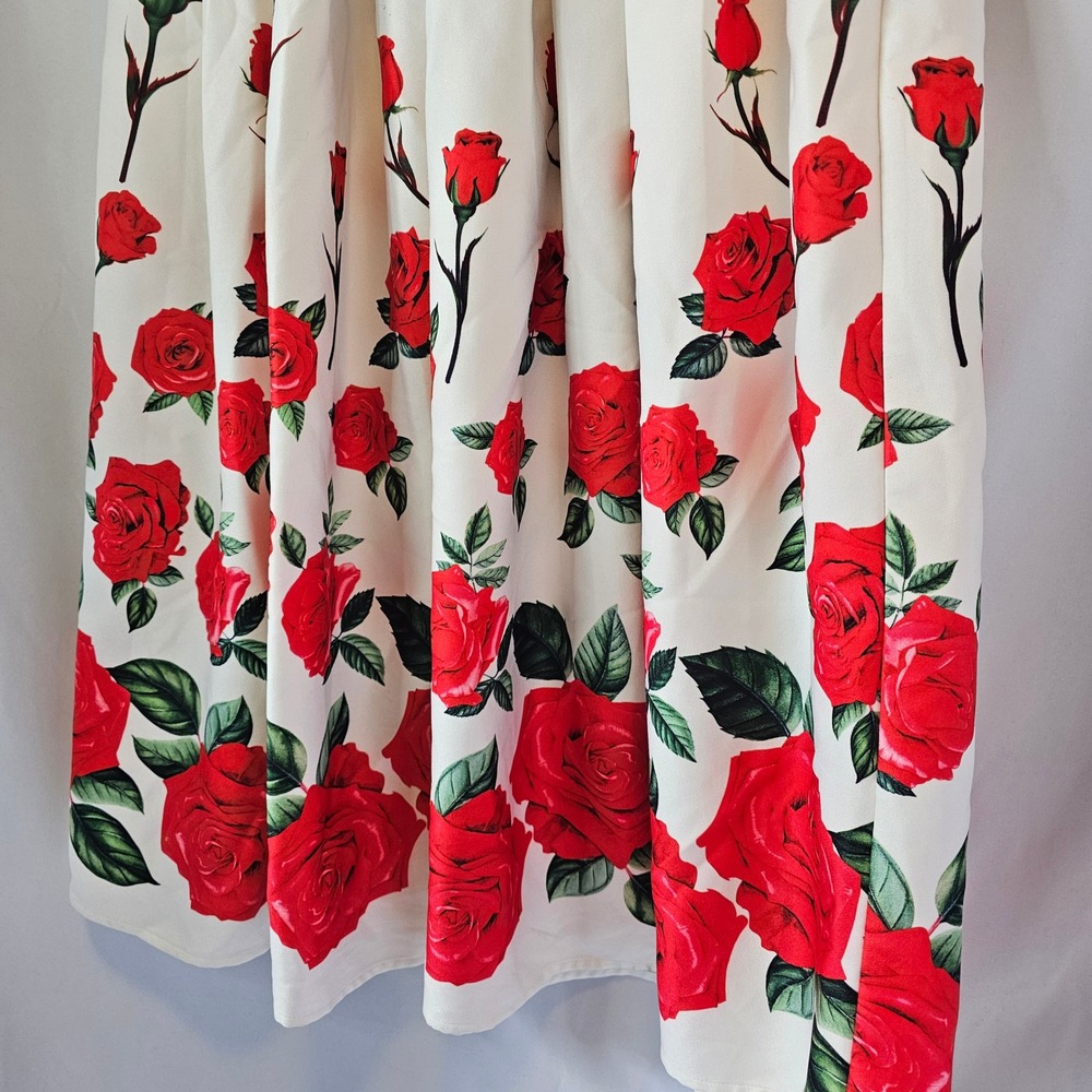 Belle Poque Floral Fit and Flare Dress Medium Cream Red Rose Rockabilly DESC - Picture 2 of 10